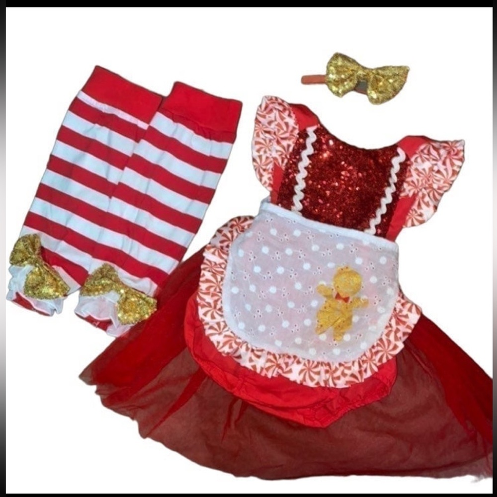 Baby Girls Christmas Gingerbread Tutu Dress Outfit Set Red Gold 6-12 Months